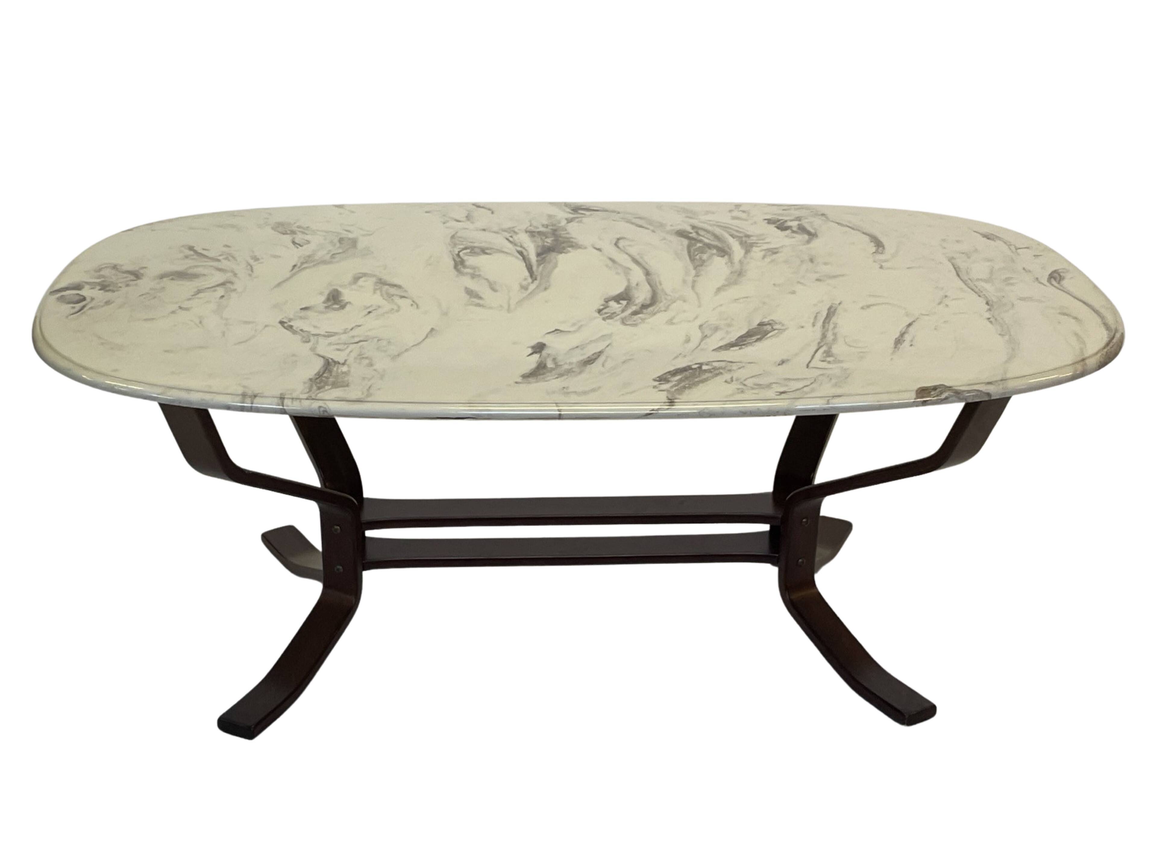 Table basse vintage en bois et marbre Design minimaliste Suède années 70