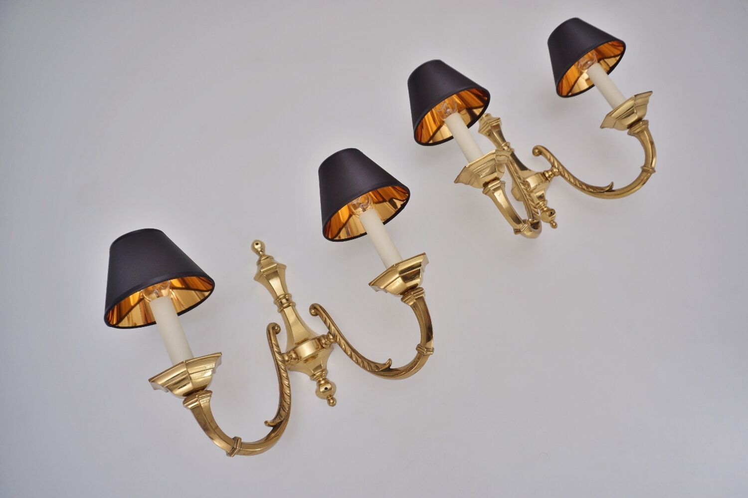 Pair brass wall lights sconces, twin arm, Neoclassical, 1950`s ca, English