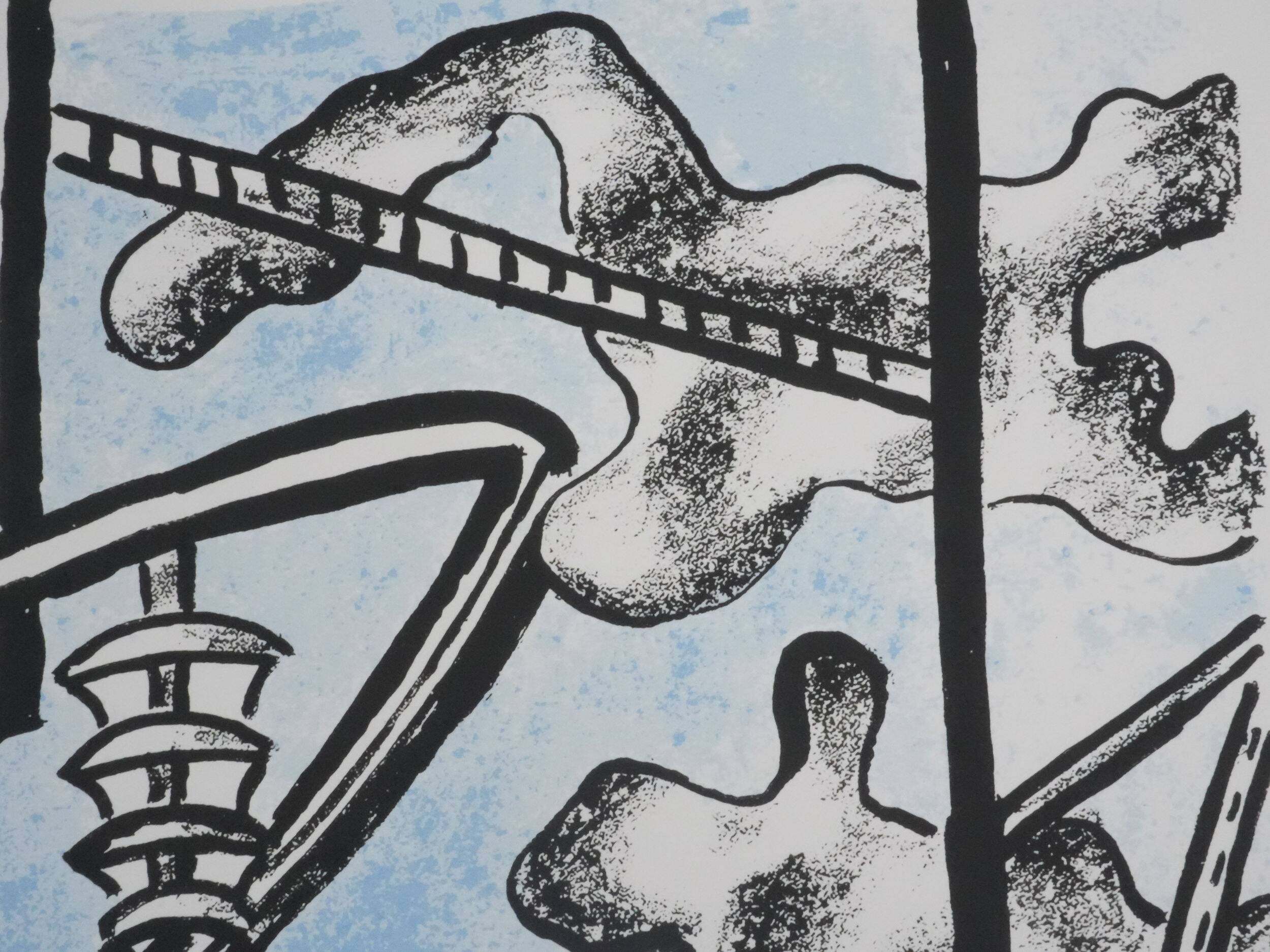 Fernand leger : les constructeurs (bleu), lithographie signée