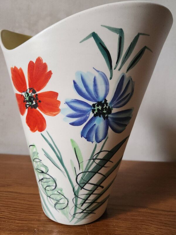 Vase vintage Vallauris années 1960, peint à la main, fleurs et jaune