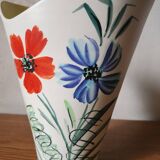 Vintage Vallauris 1960s Studio Art Vase Hand Painted Flowers & Yellow