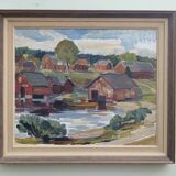 Mid-Century Modern "Lake Houses" Swedish Vintage Landscape Oil Painting, Framed