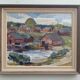 Peinture à l’huile de paysage vintage suédoise « maisons de lac » moderne du milieu du siècle, encadrée