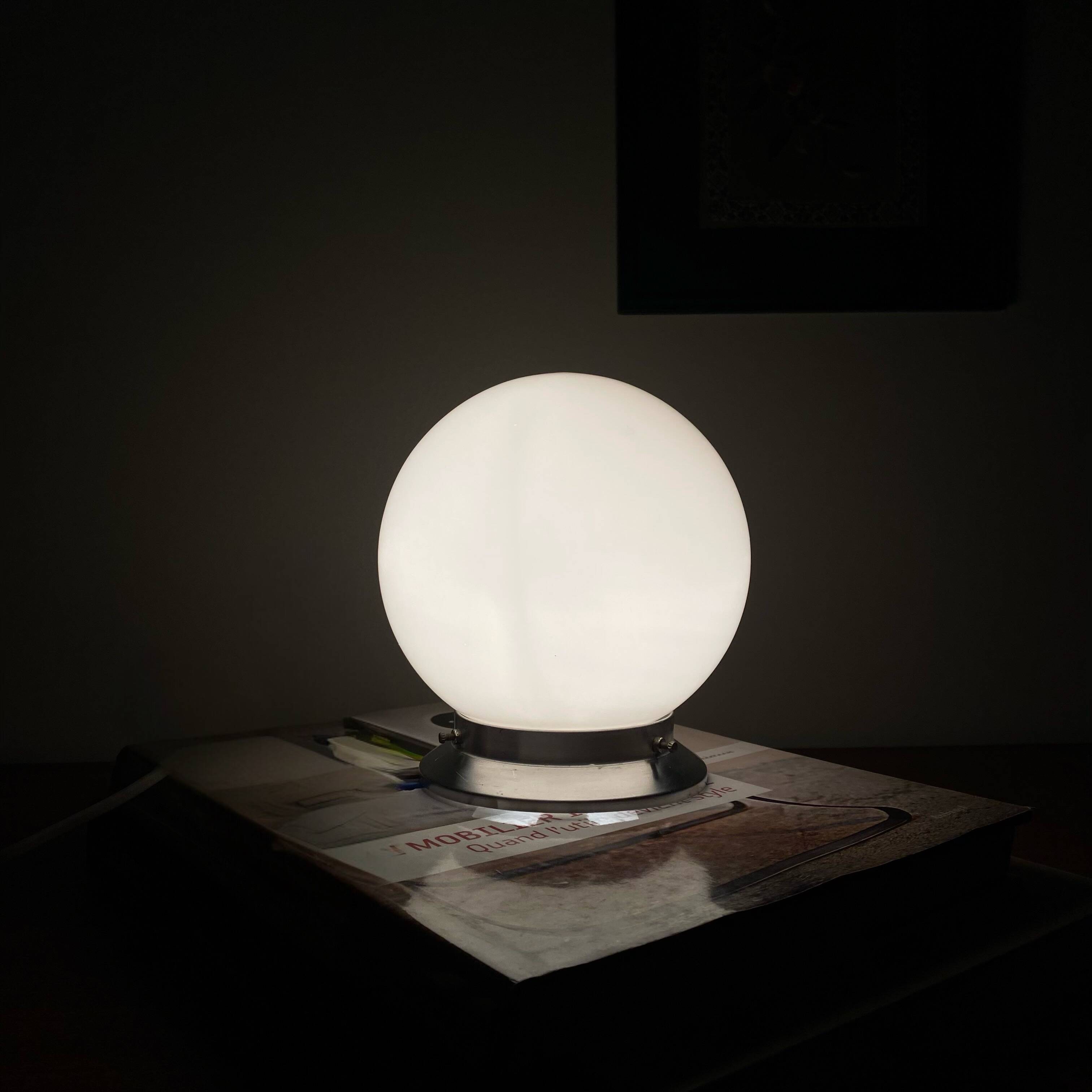 Ceiling light or wall light with white opal glass globe, 15 cm, aluminium rose.