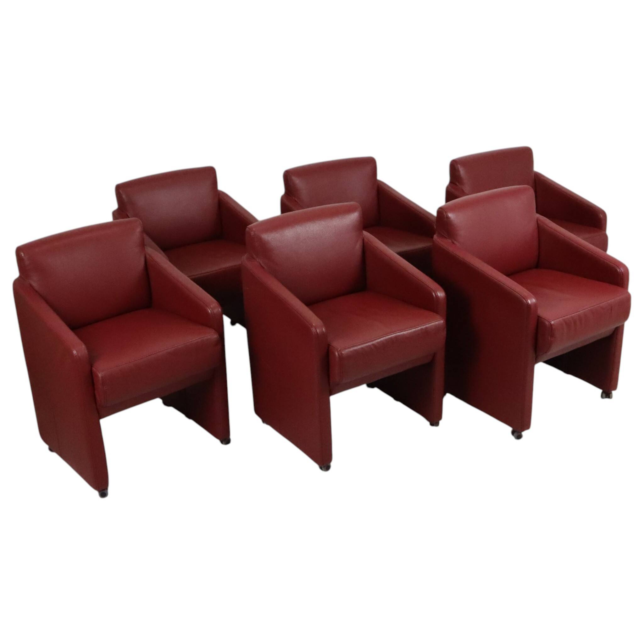 Ensemble vintage de 6 fauteuils rouges en simili cuir de haute qualité