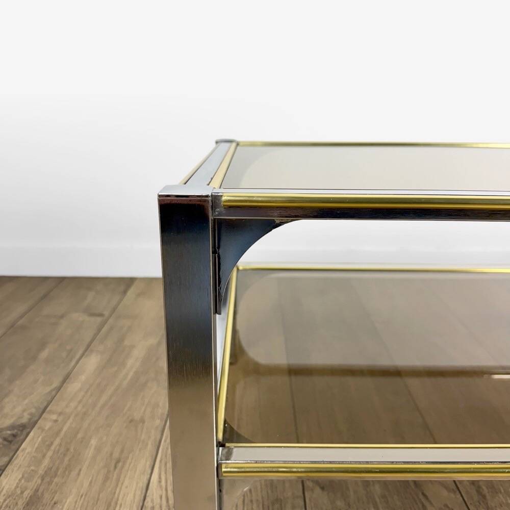 Chrome and smoked glass coffee table with double top from the 1970s.