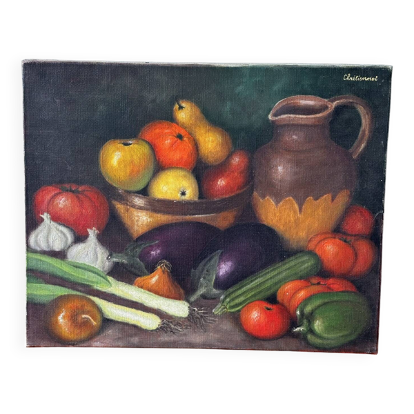 Nature morte « Le retour du marché » – Signée et datée 1977