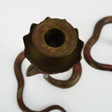 Pair of old bronze cobra candle holders with detailed engraving. Around 1950