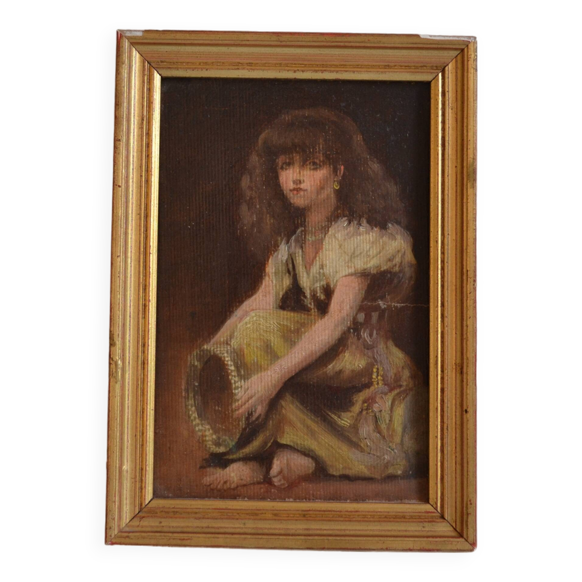 Young girl with tambourine Provence old painting HSP