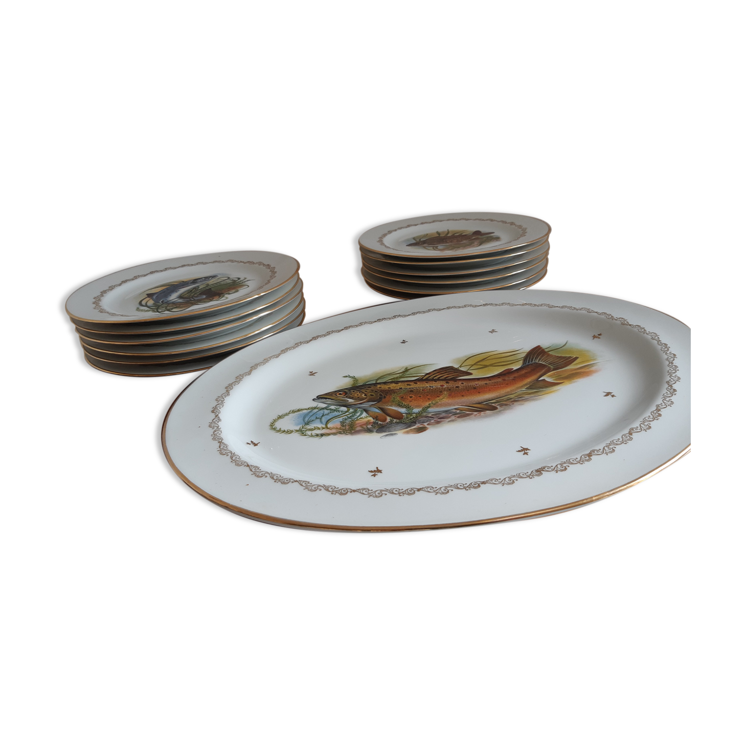 Service à Poisson Vintage Porcelaine Limoges – 6 Assiettes + Plat