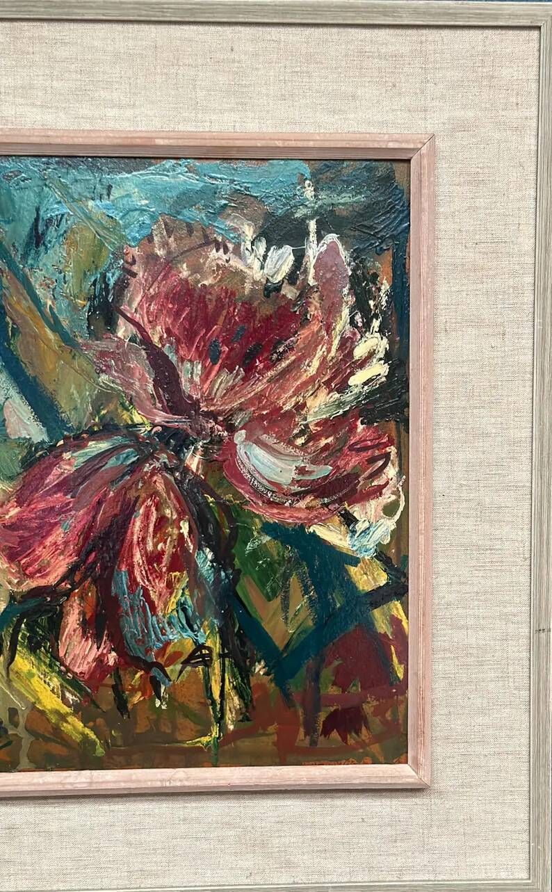 Original Swedish Oil on Panel – "Pink Flower" by Owe Wessbohn – Signed – Vintage and Framed – 69 × 51 cm (27.2" × 20.1")