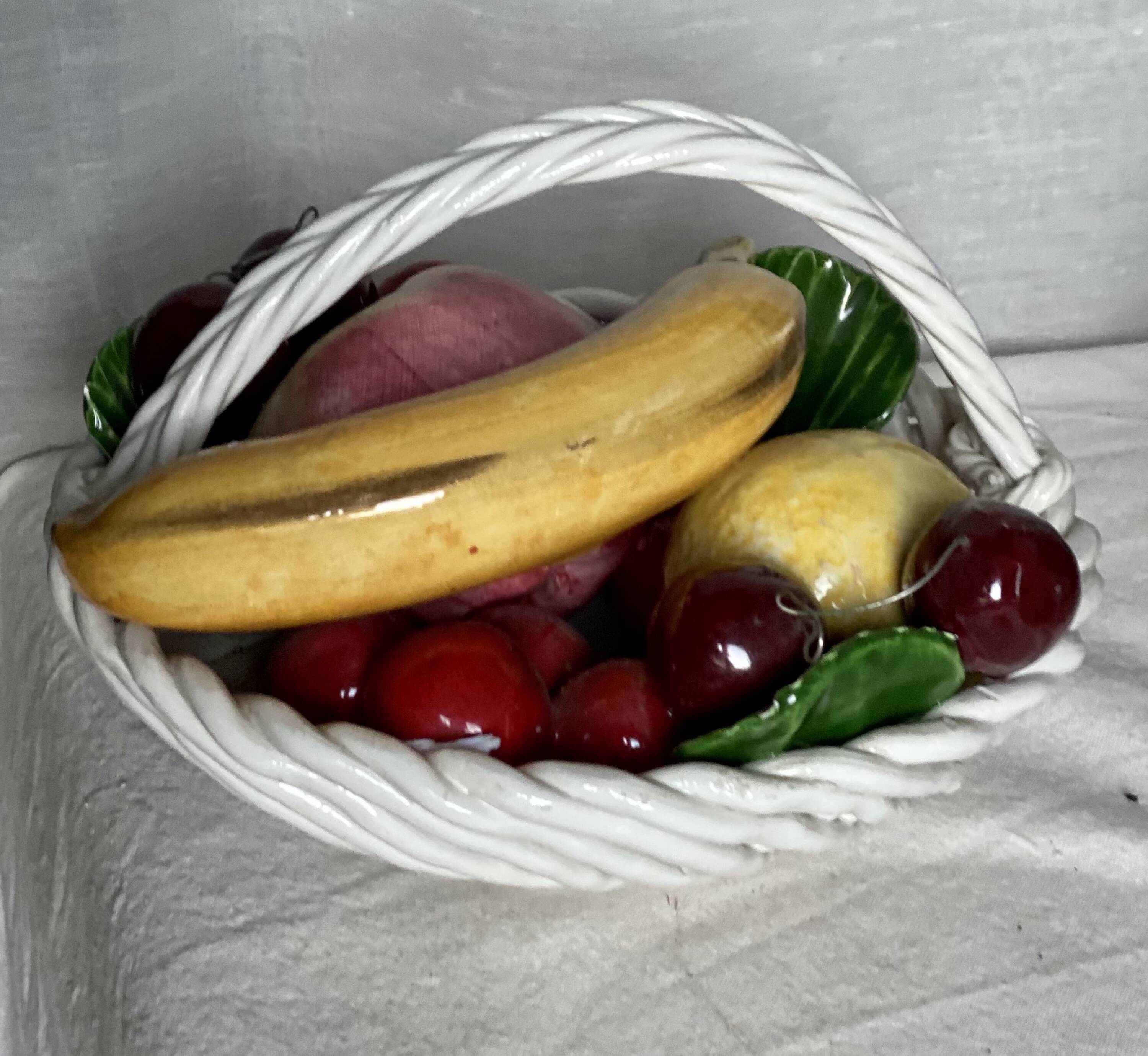 Vintage 1960s Trompe-l'Œil Fruit Basket in Woven Ceramic with Slipware