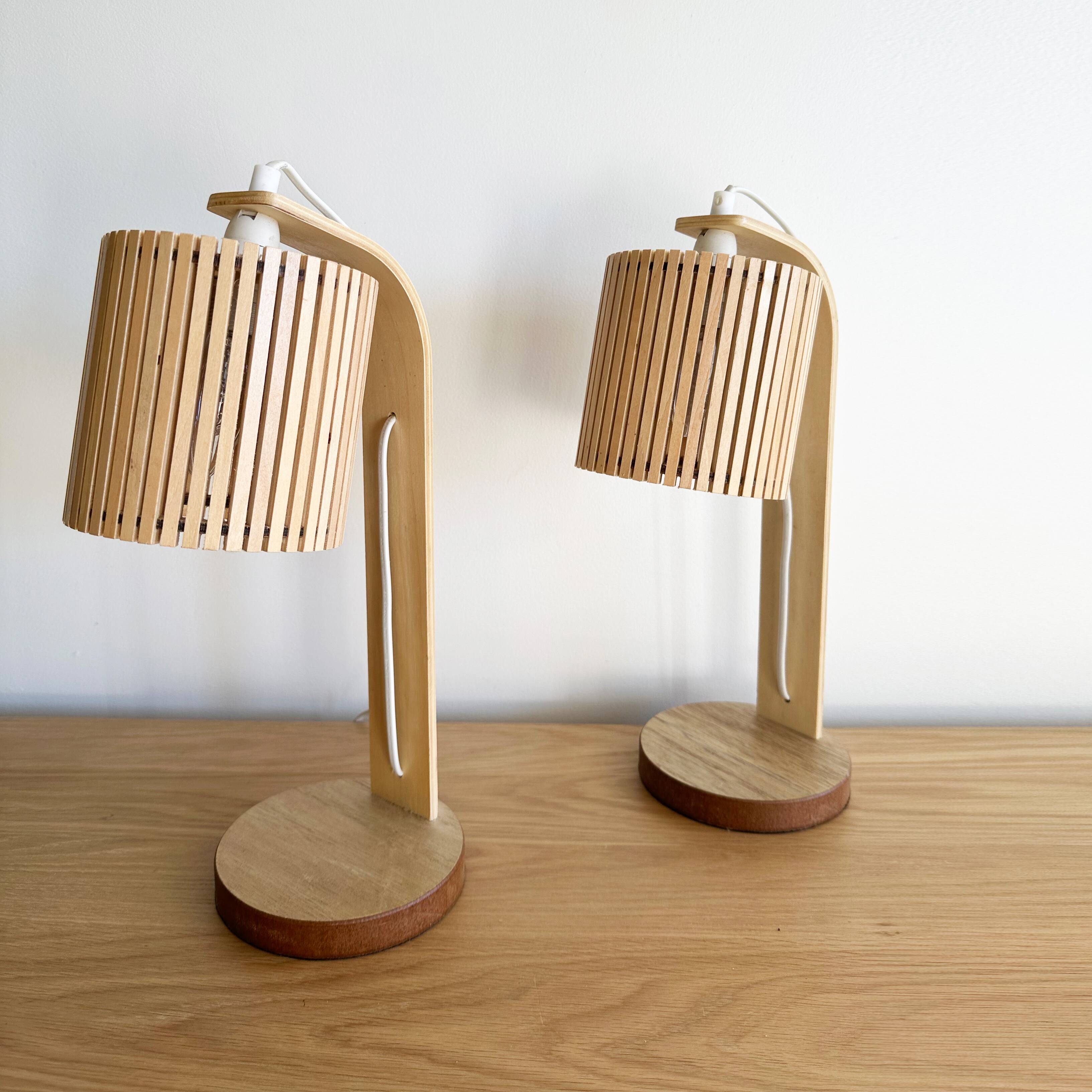 Pair of large Scandinavian lamps in natural wood.
