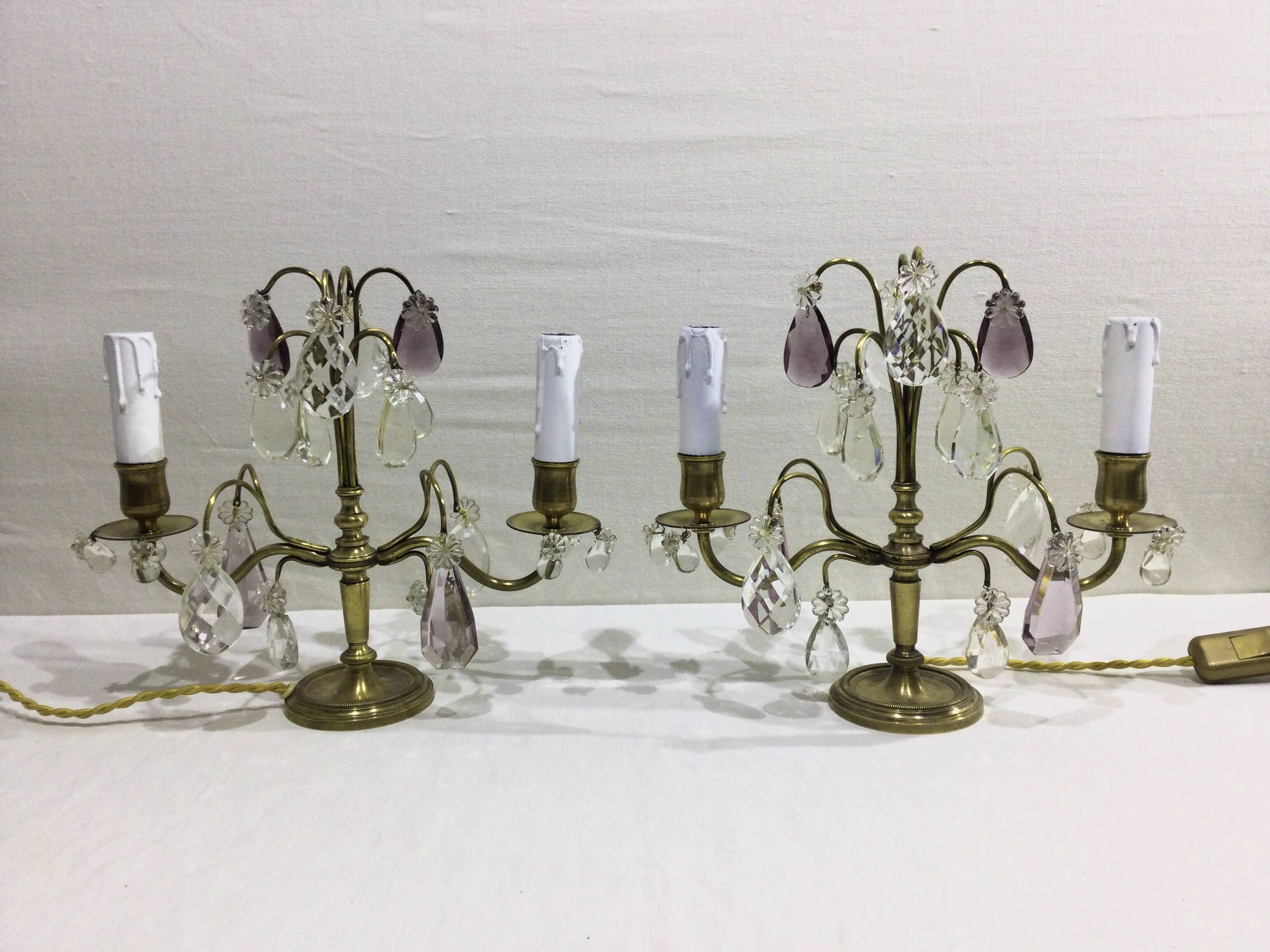 Pair of girandole lamps in bronze and crystal