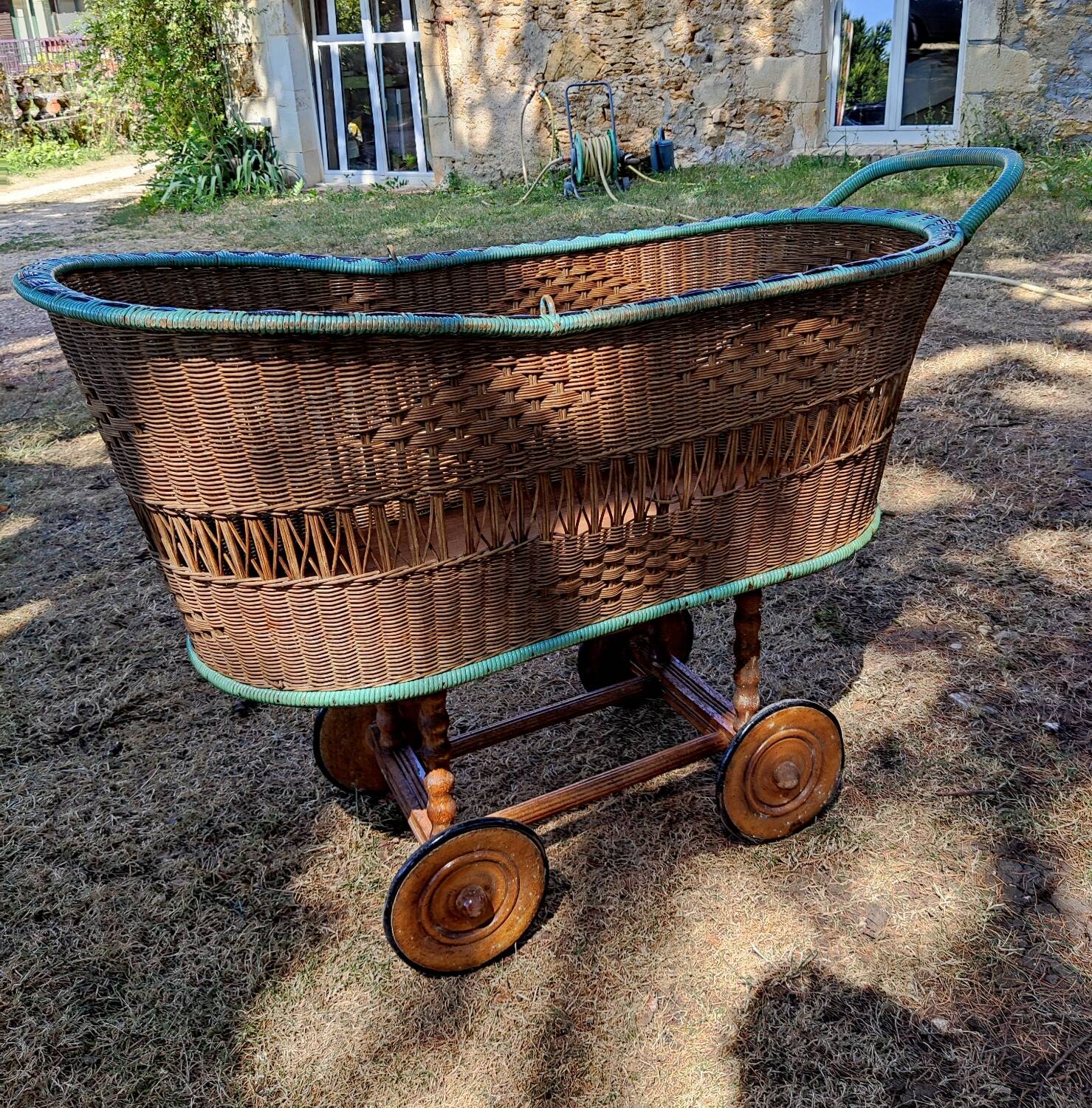Antique large painted rattan cradle - 1900 - on wheels