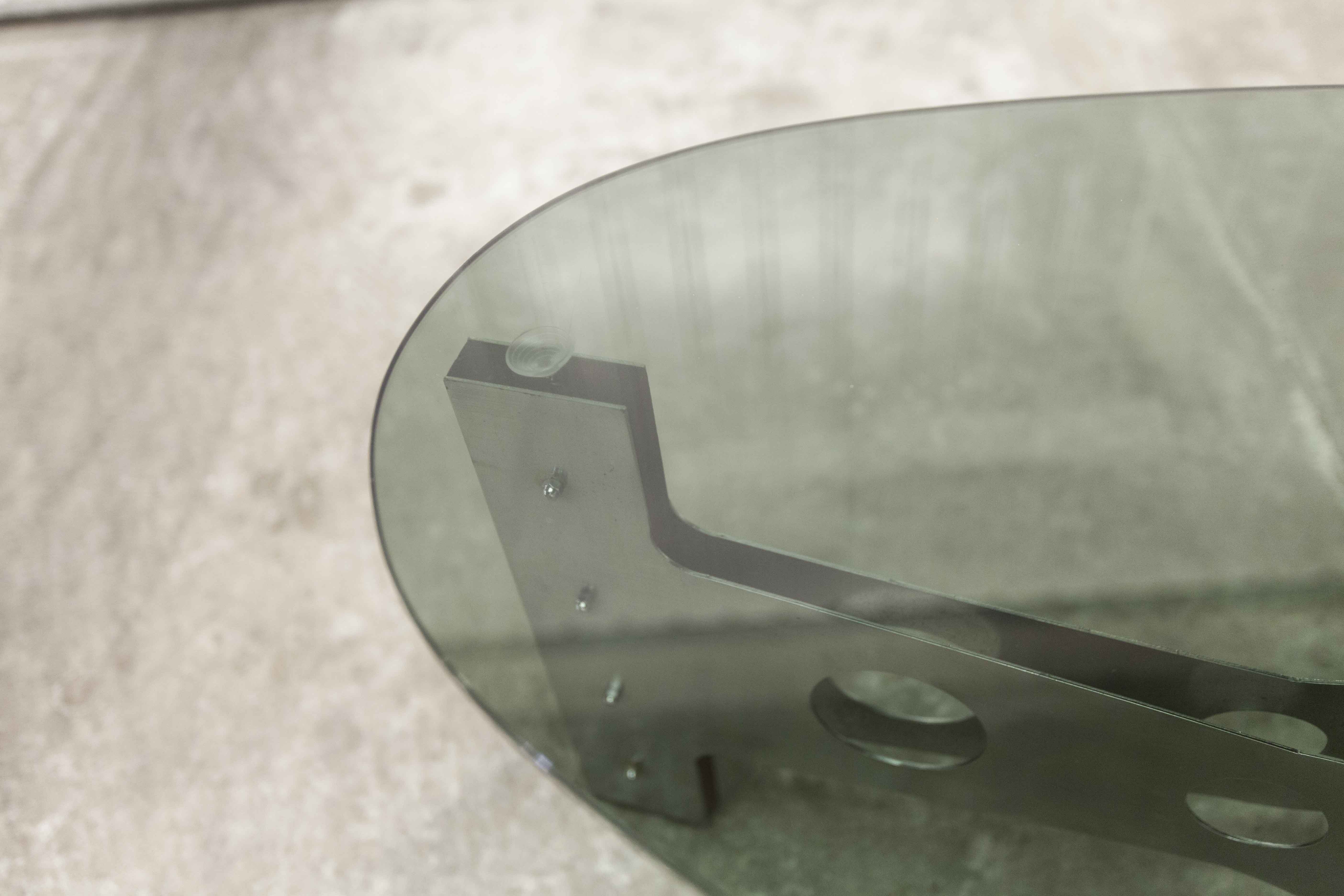 Oval coffee table 1970 feet metal and wood smoked glass