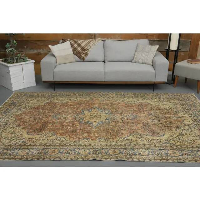 Tapis turc Oushak fait main en laine et coton orange des années 1970 203x312