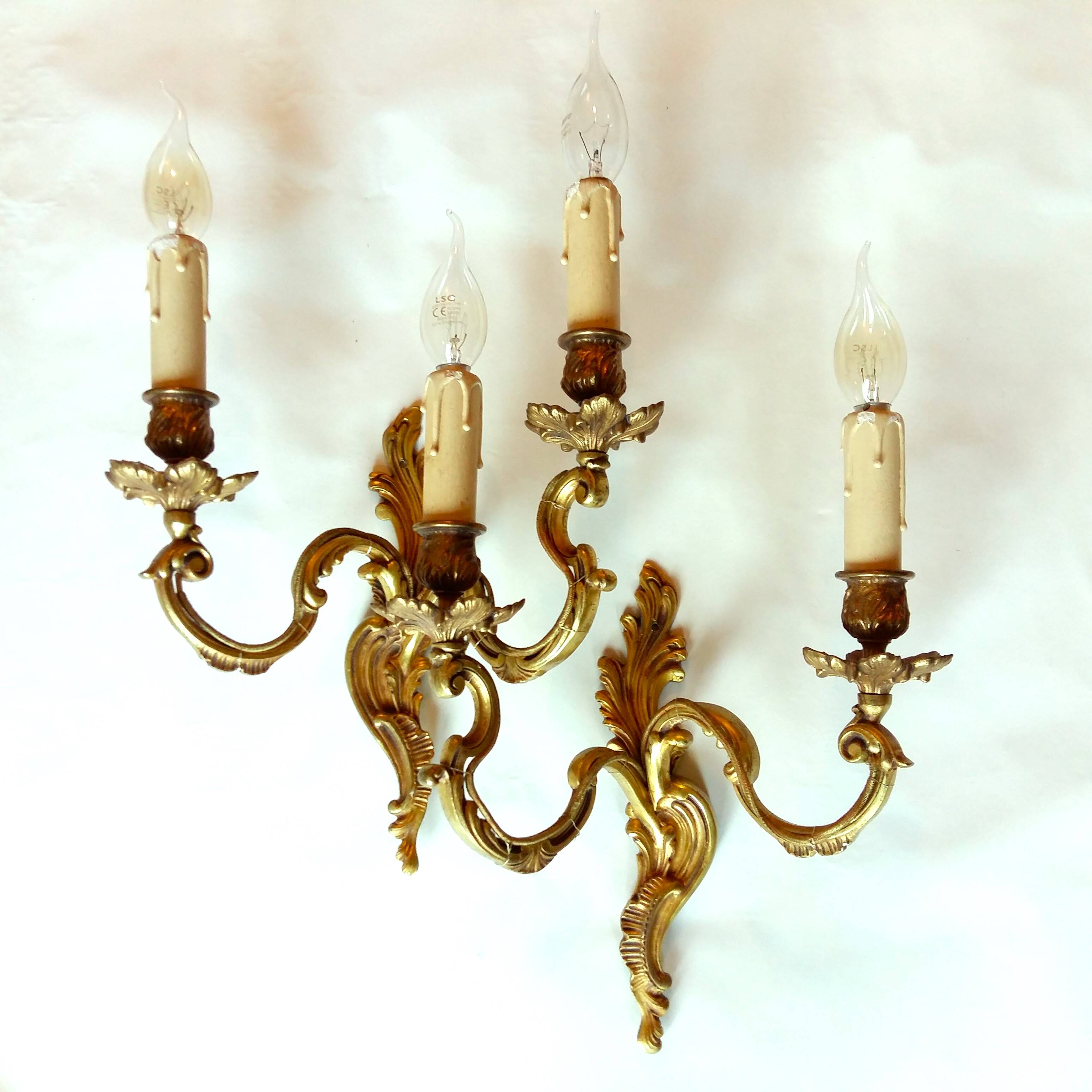 Pair of Heavy, French, Gold Bronze 2 Arm Wall Lights. Ornate Rococo/ Baroque/ Louis XV Style Sconces