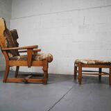 Brutalist oak lounge chair and ottoman