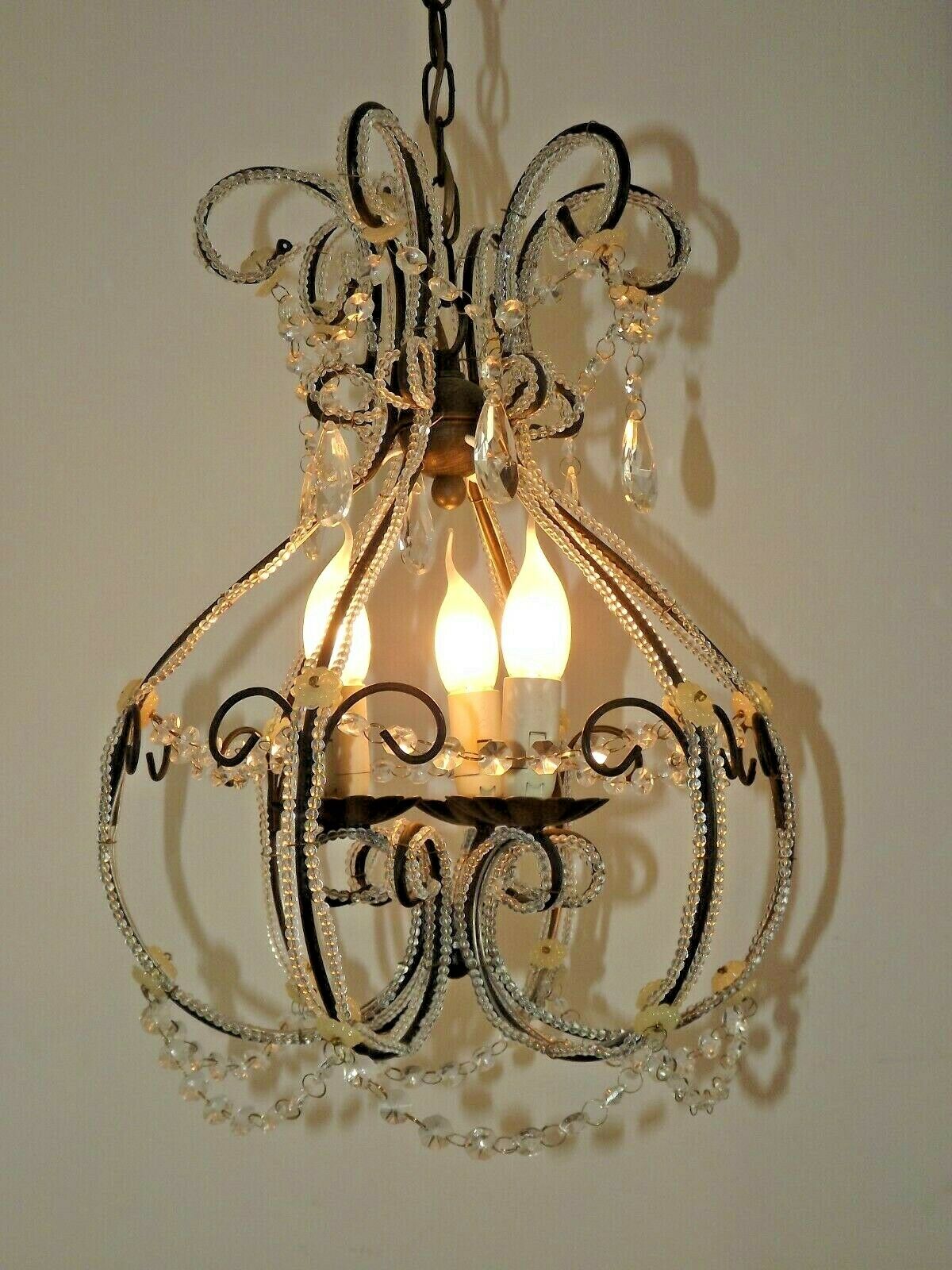 French Parisian Chic Black 3 Light Crystal Beaded 6 Sided Cage Chandelier 3620