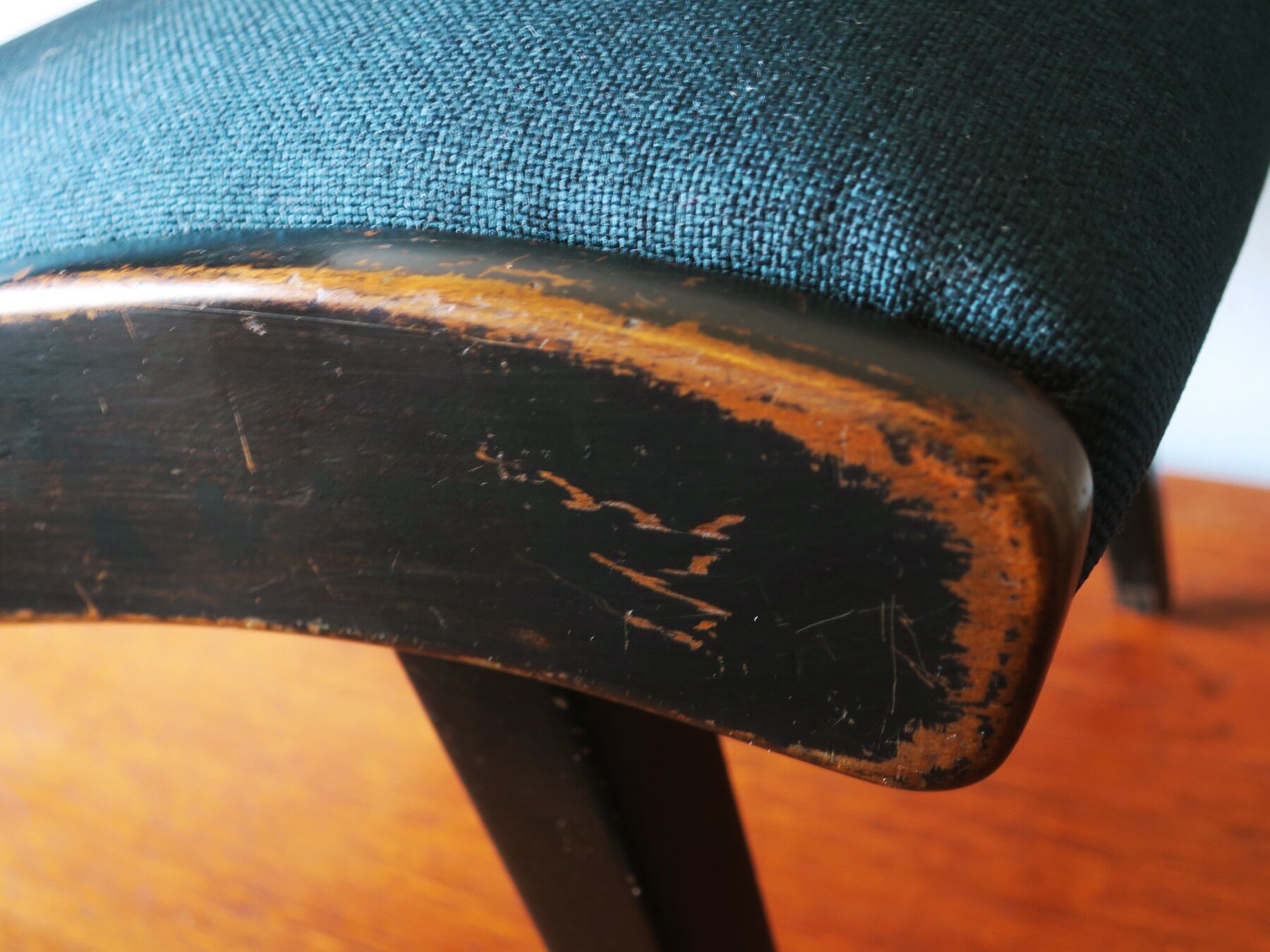 Jens Risom armless chair with ebonized frame and petrol blue-green covers