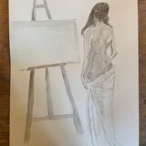 Tableau signé aquarelle portrait féminin « drapée dans l’atelier »