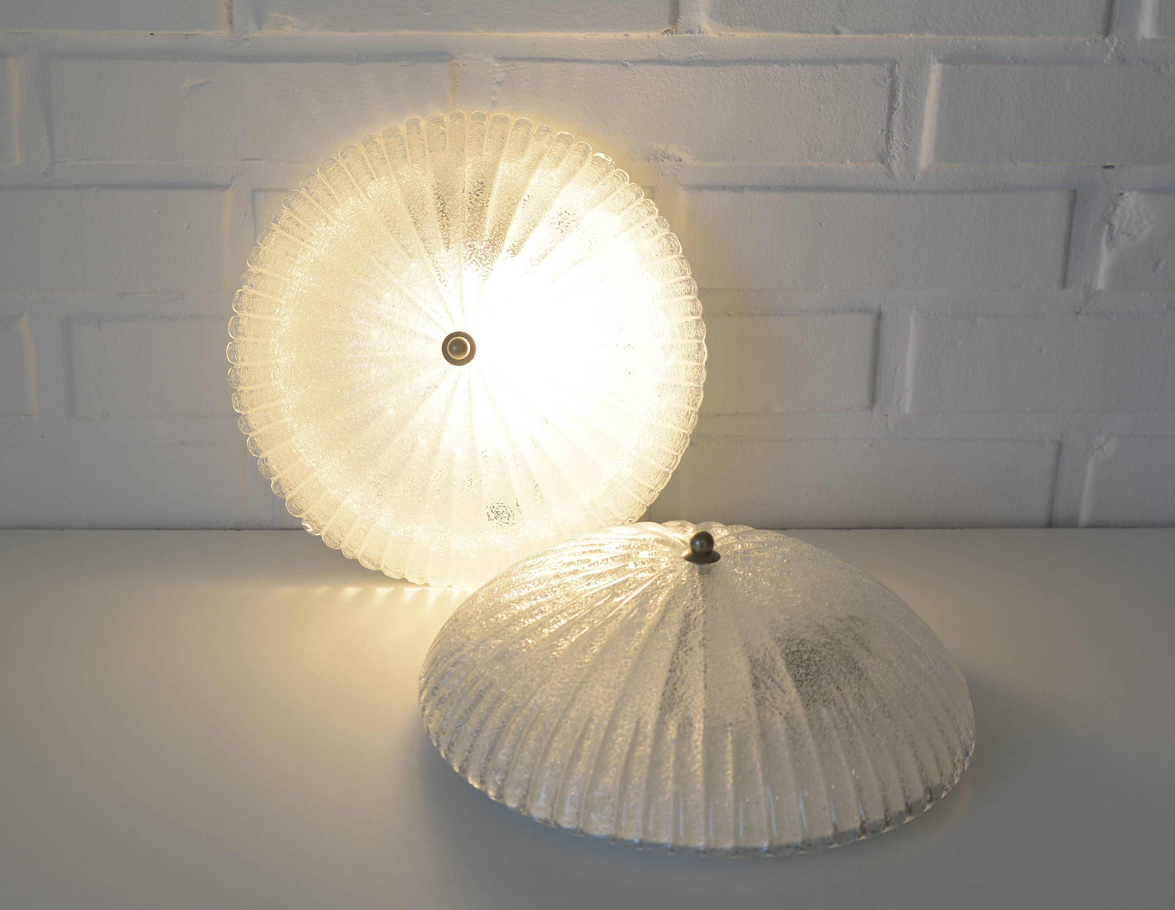 Set of 2 vintage hand blown ice glass wall sconces / pair of flush mount ceiling lights