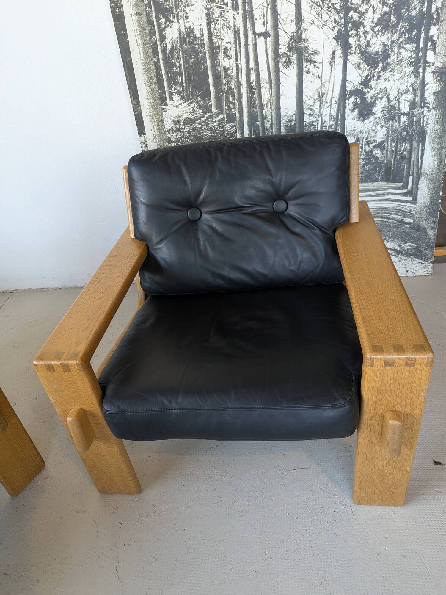 Pair of raw oak and leather armchairs by Esko Pajamies for Asko, Finland.