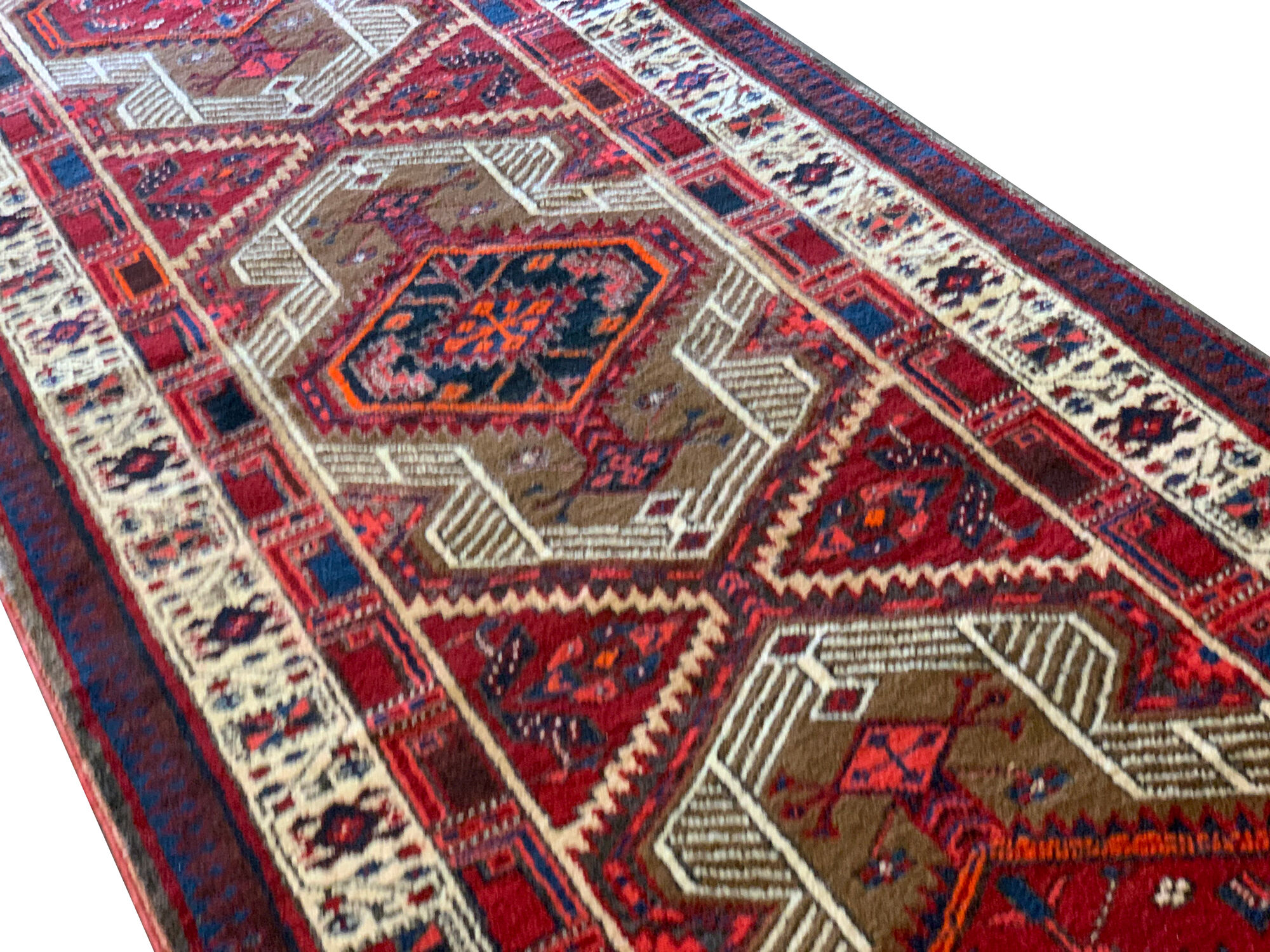 Red vintage persian hamedan rug 1930 handwoven tribal runner 99x337cm