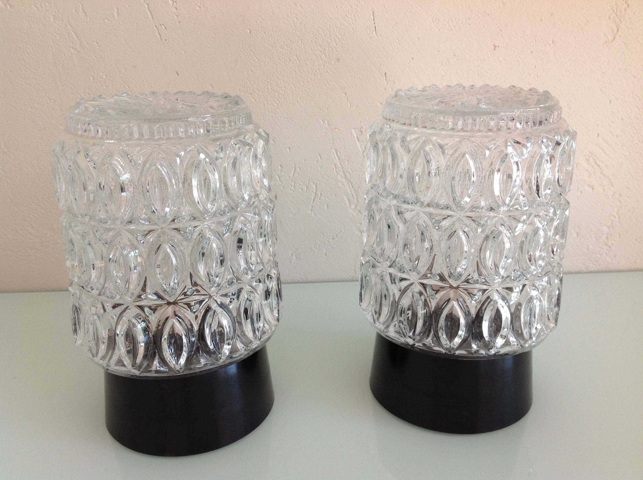 Pair of cylindrical structured glass ceiling lights / vintage 60s-70s