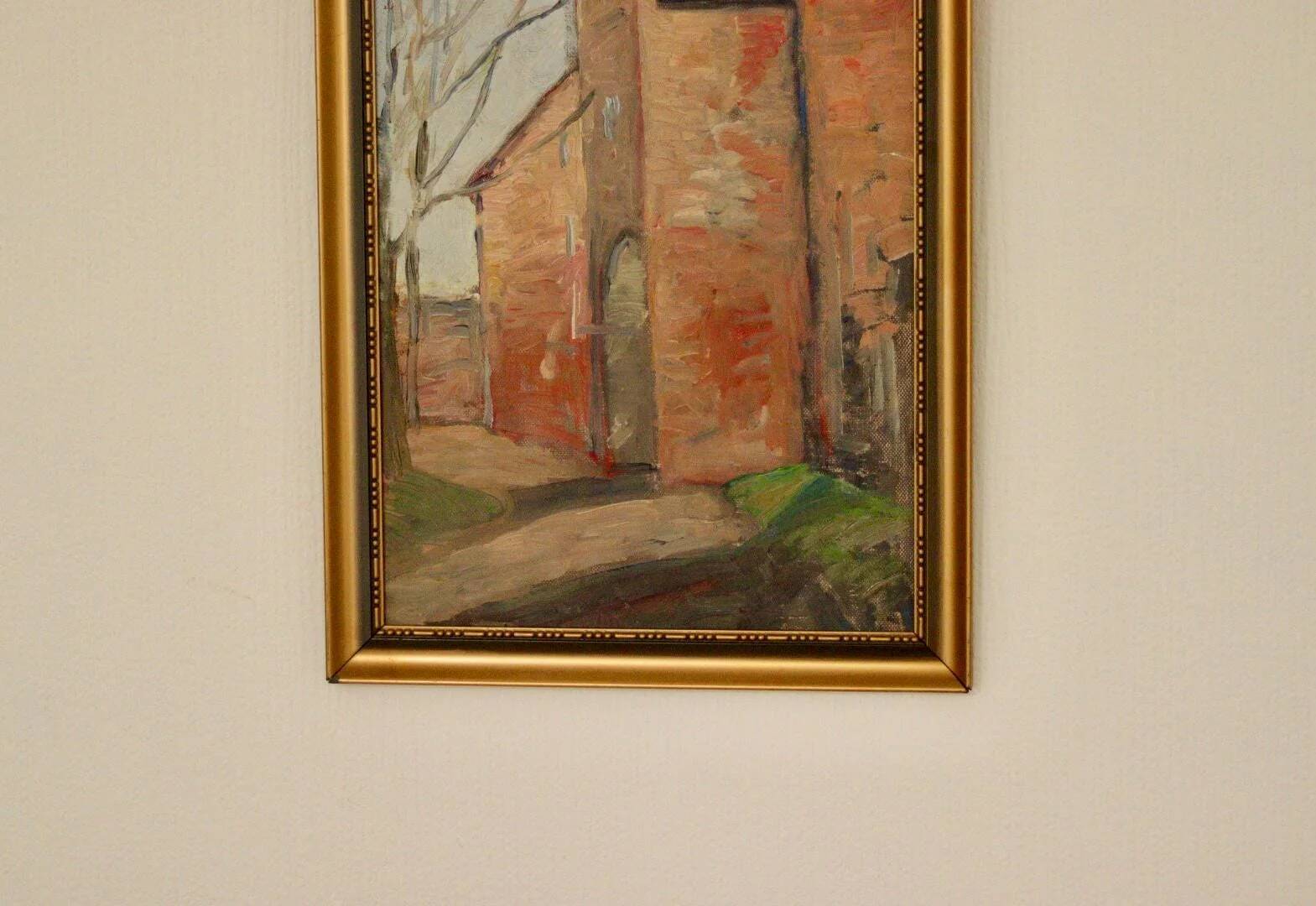 Original European oil on panel – construction scene