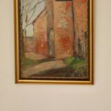 Original European oil on panel – construction scene