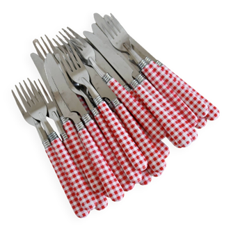 12 vintage stainless steel and red and white gingham cutlery