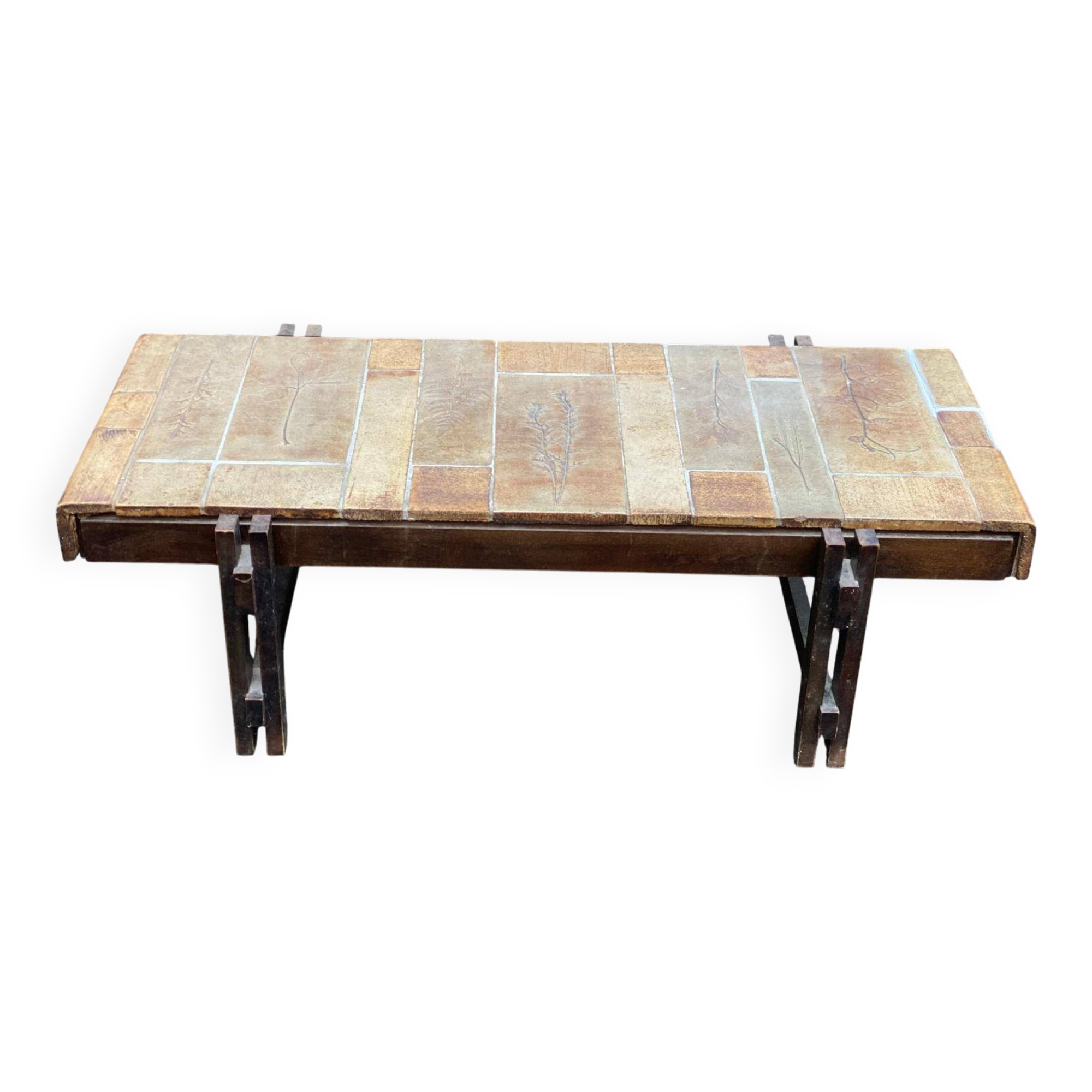 Vintage rectangular coffee table by Roger Capron, ceramic and herbarium design, 120cm
