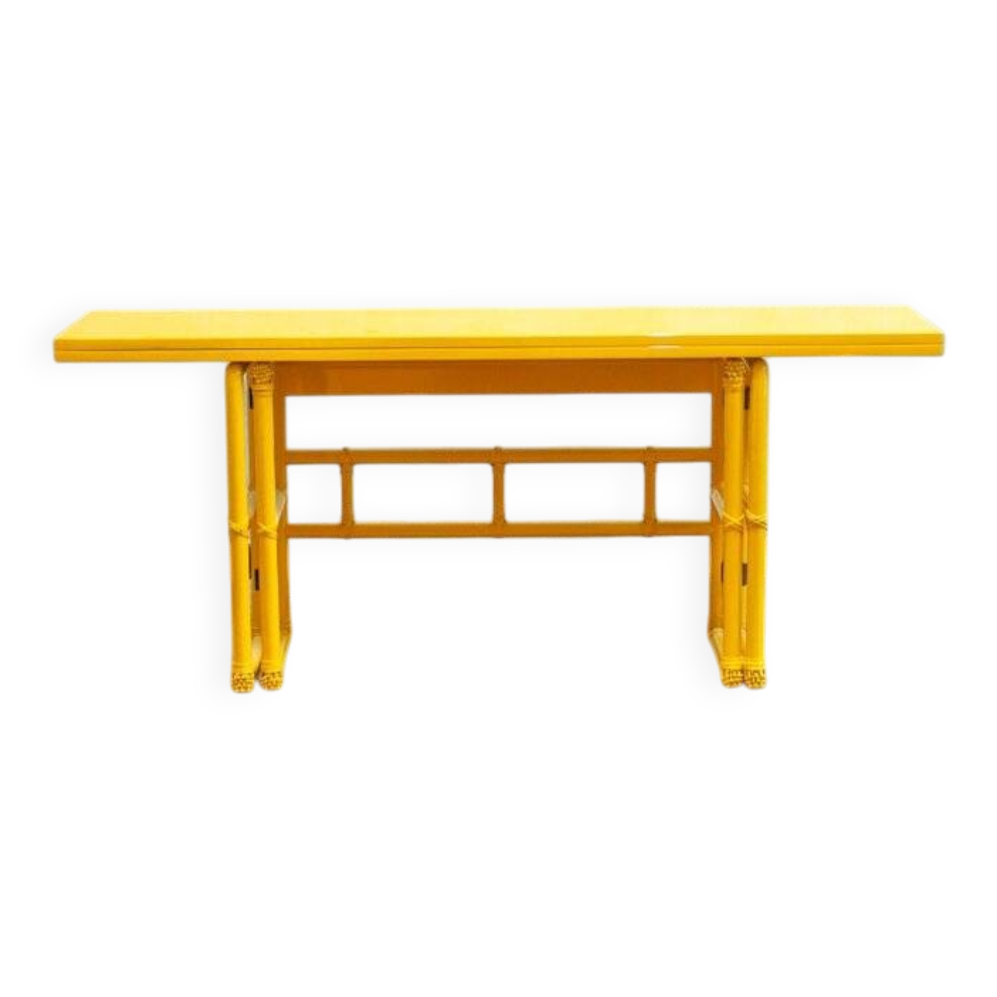 Yellow lacquered console with a flip-top surface by McGuire San Francisco, 1970s.