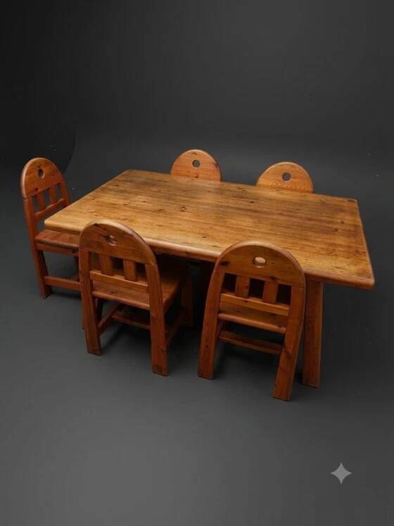 Ensemble de salle à manger de 5 chaises et table en bois massif - Style brutalisme, wabi-sabi, japandi