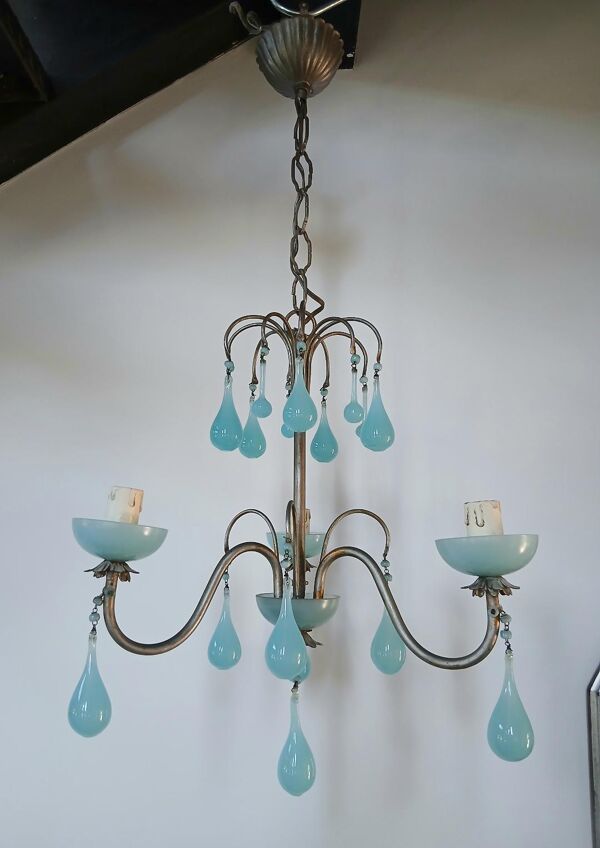 Magnifique lustre Pampilles Opaline murano Bleu blue Goutte Murano 3 feux 1