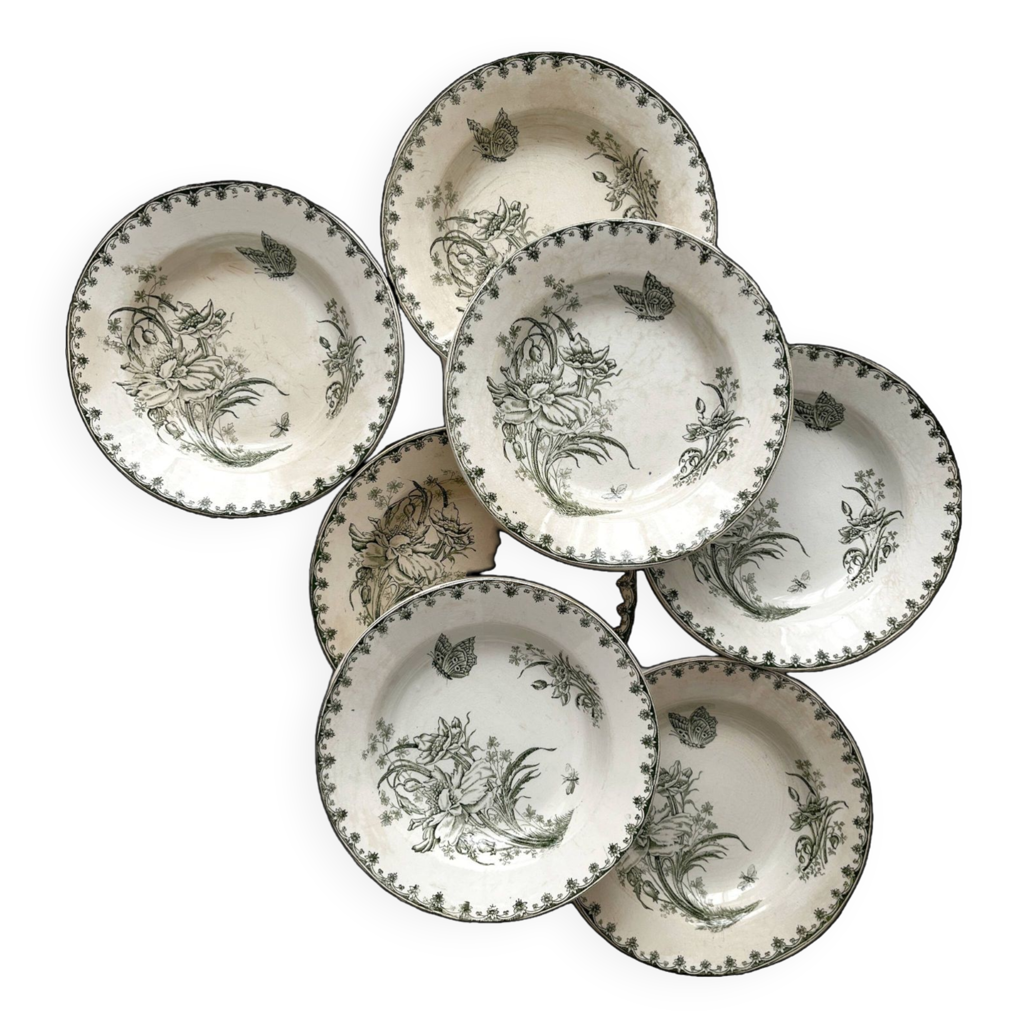 7 earthenware soup plates with butterfly and flower design "Nancy" LG Clairefontaine