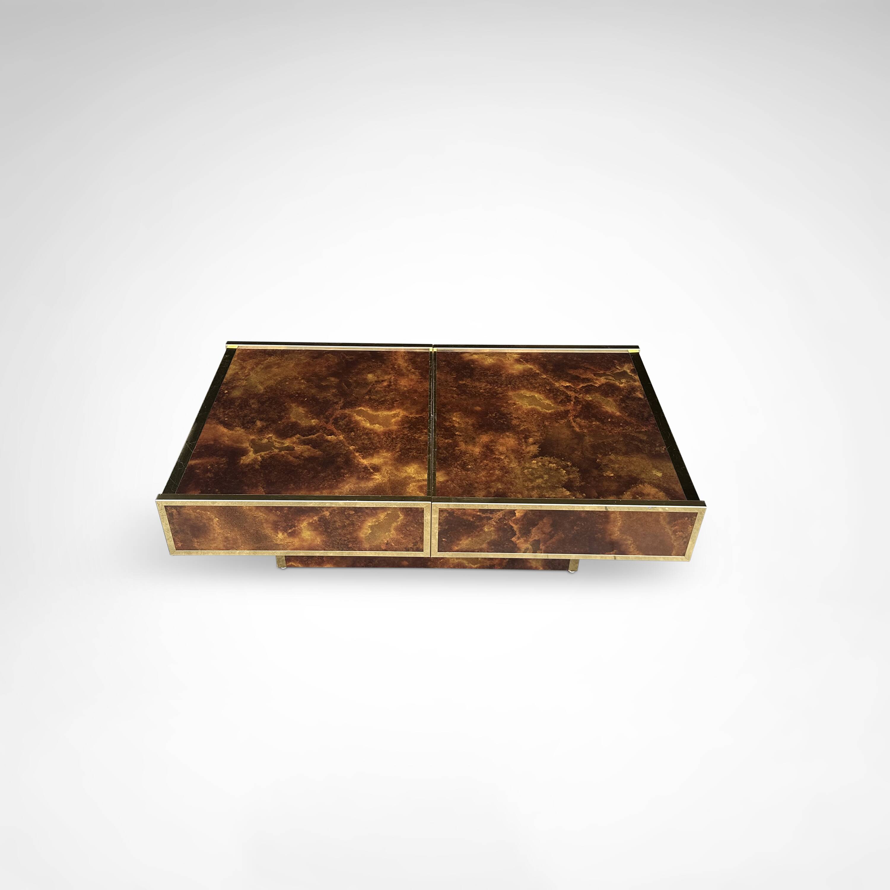 Burl wood and brass metal coffee table with integrated bar by Maison Lancel