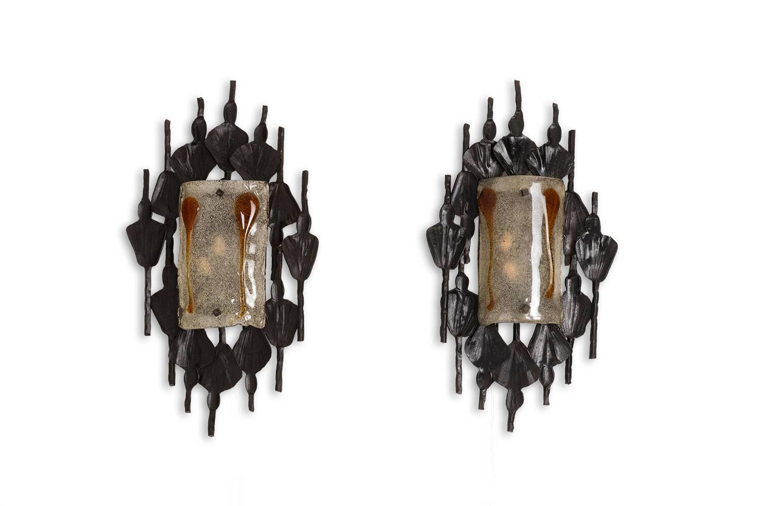 Mazzega. Pair of Brutalist wall lights in glass and iron. 1950s.