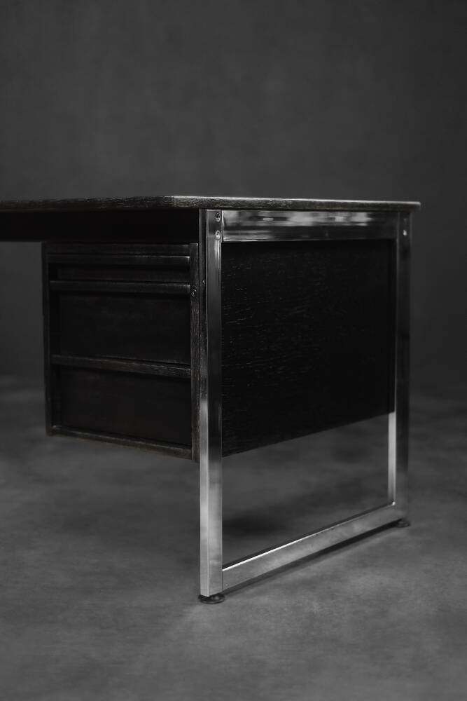 Vintage Mid-Century Danish Black Modern Minimalist Oak Office Desk with Chrome Base, 1970s