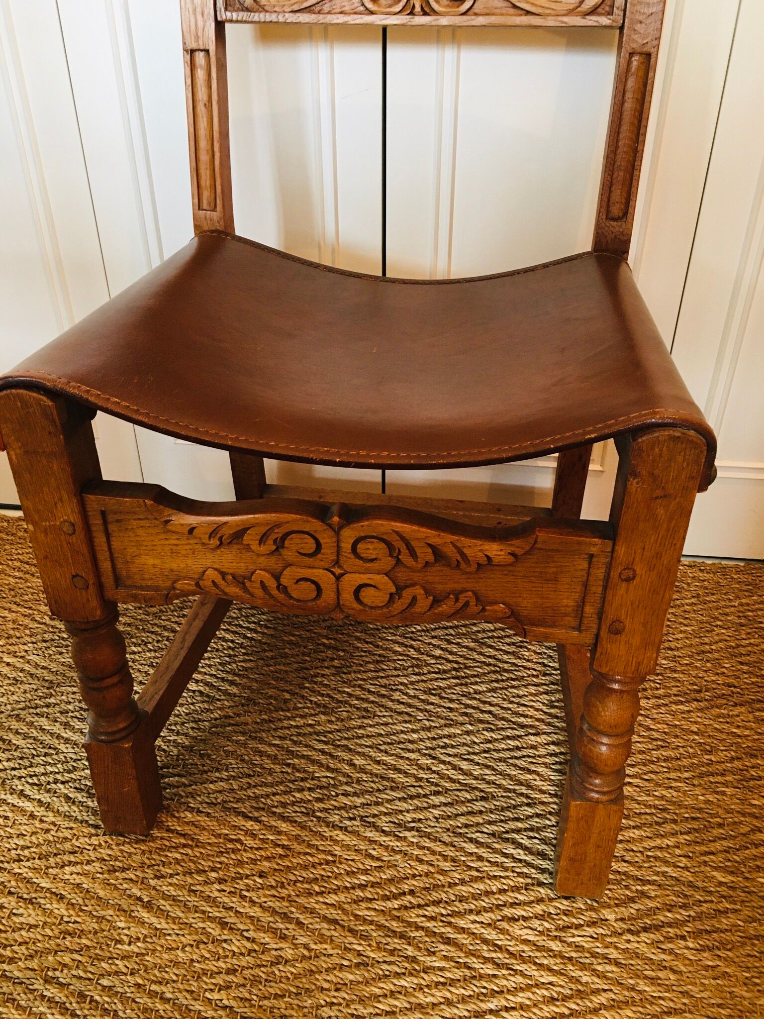 Lot of 4 old wooden and leather chairs