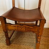 Lot of 4 old wooden and leather chairs