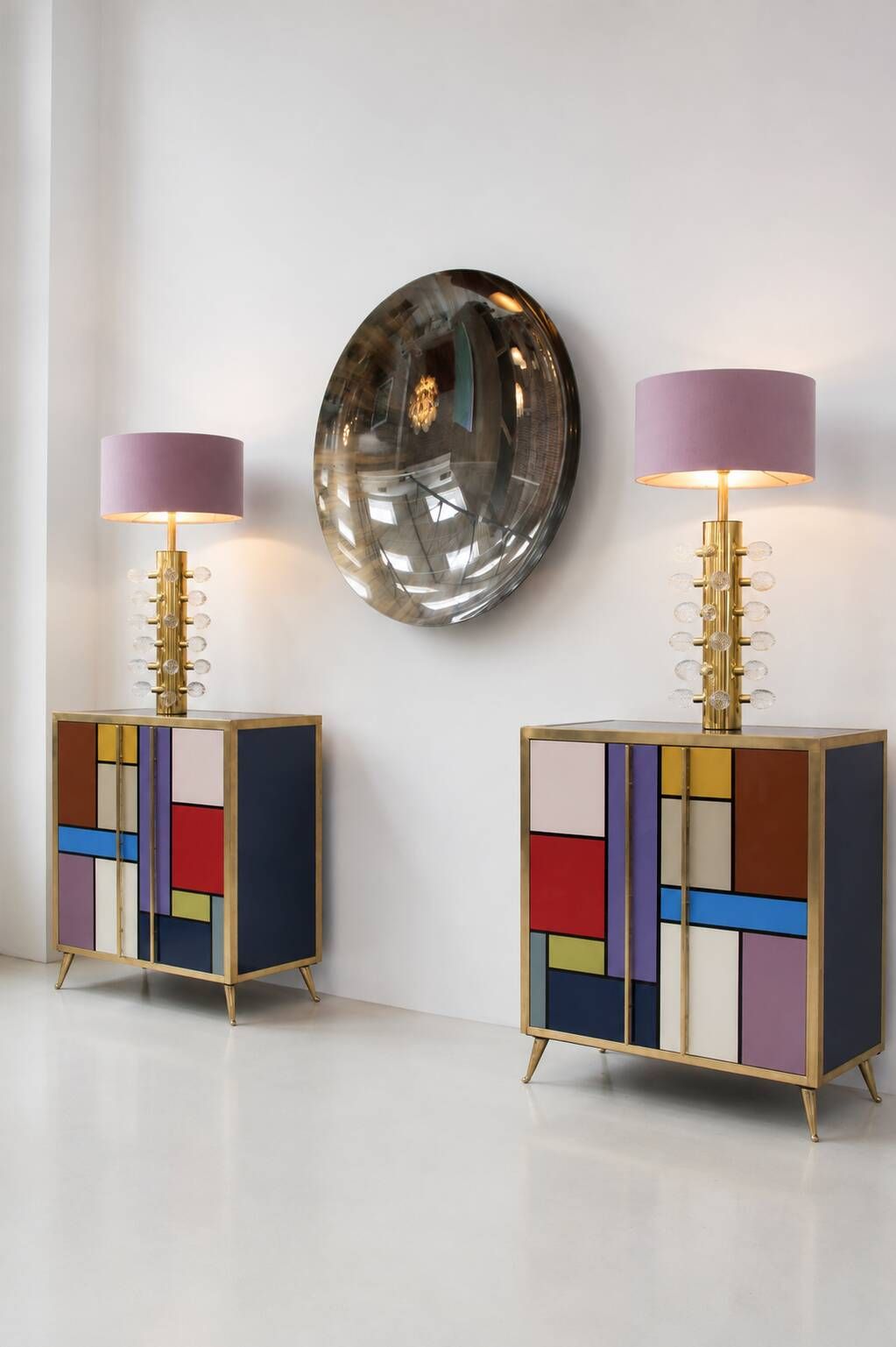 Mid-Century Modern Italian Sideboard in Solid Wood and Coloured Glass