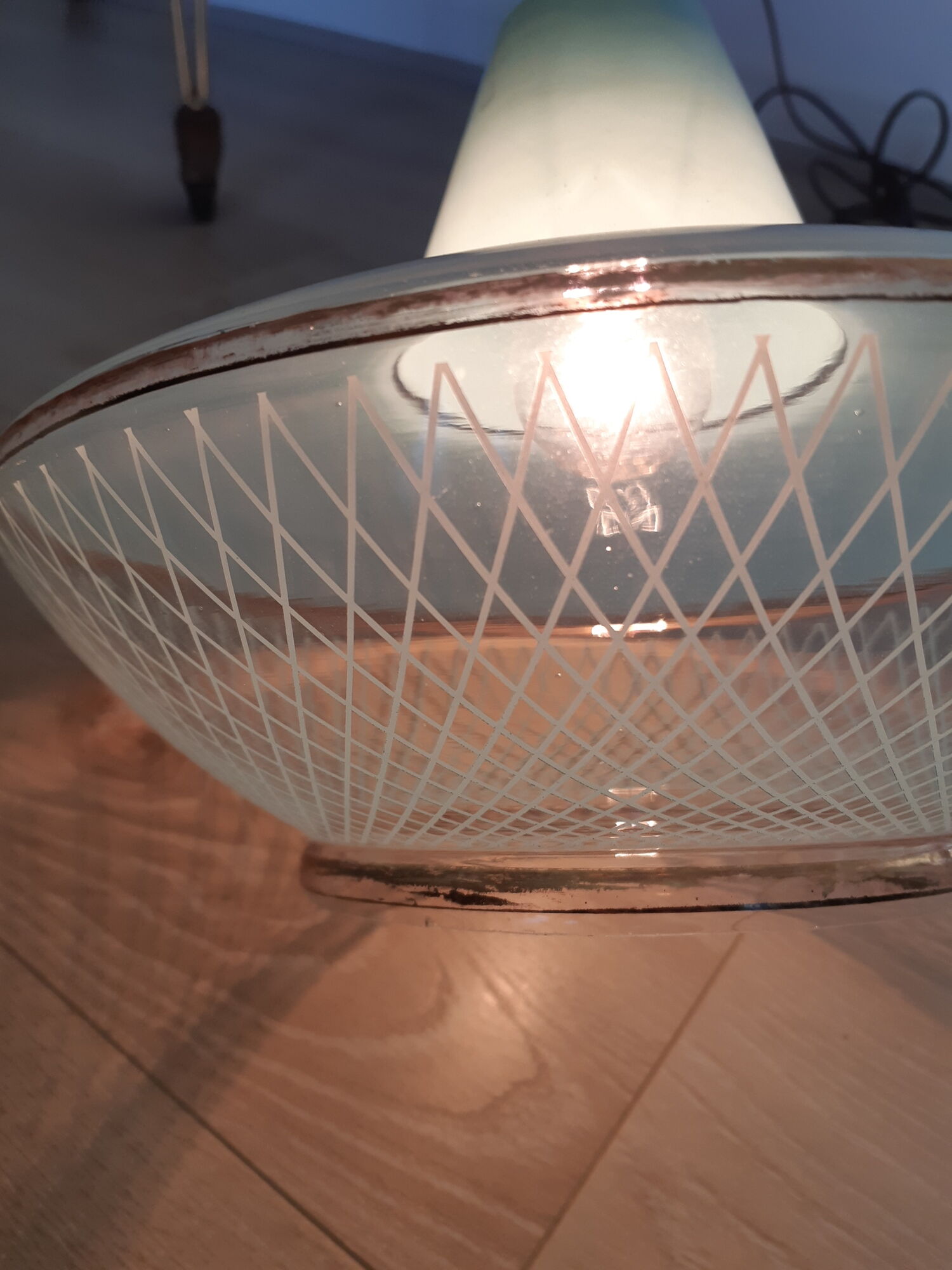 Vintage ceiling lamp suspension in glass, blue, 50s