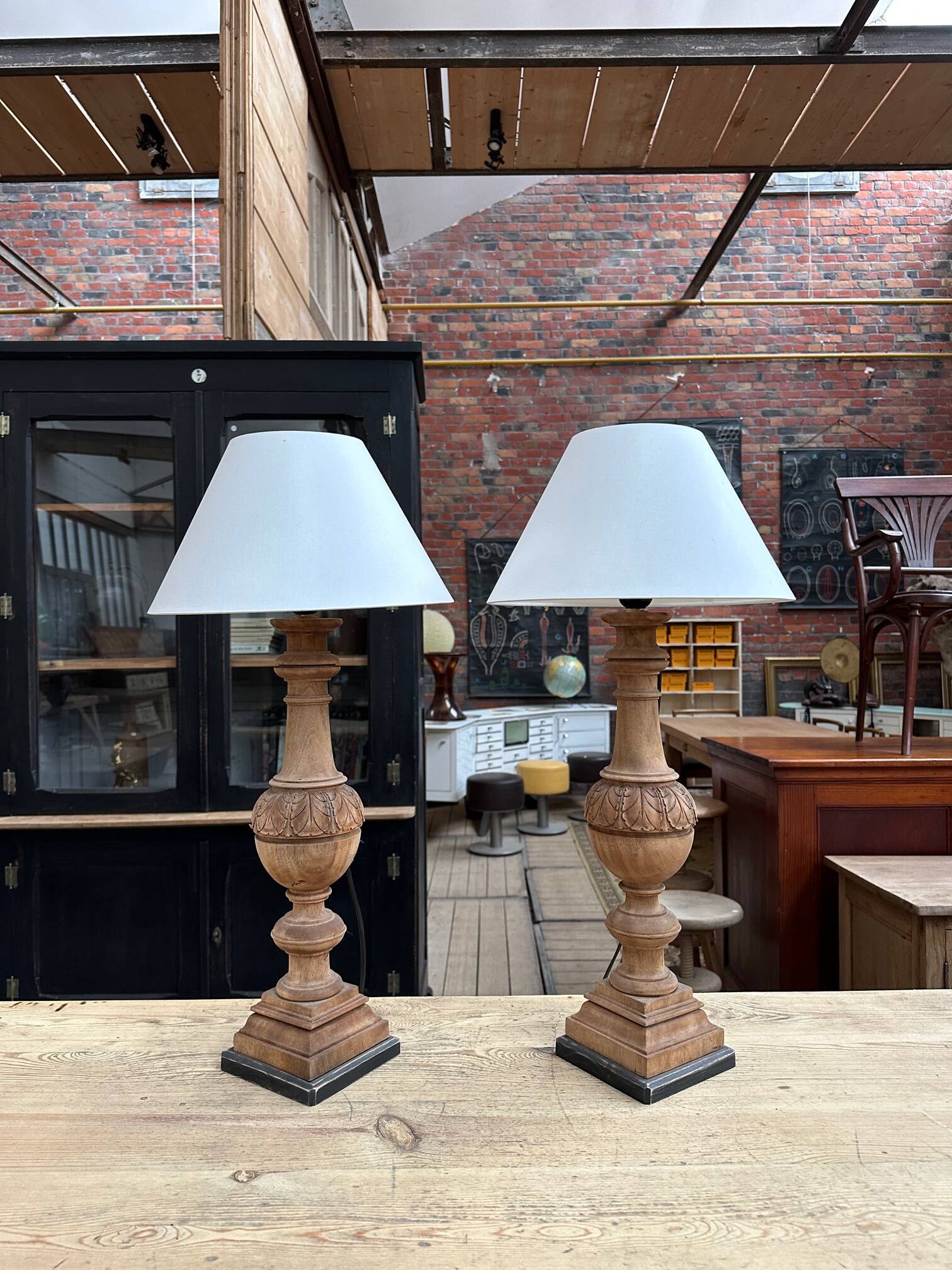 Pair of wooden base lamps
