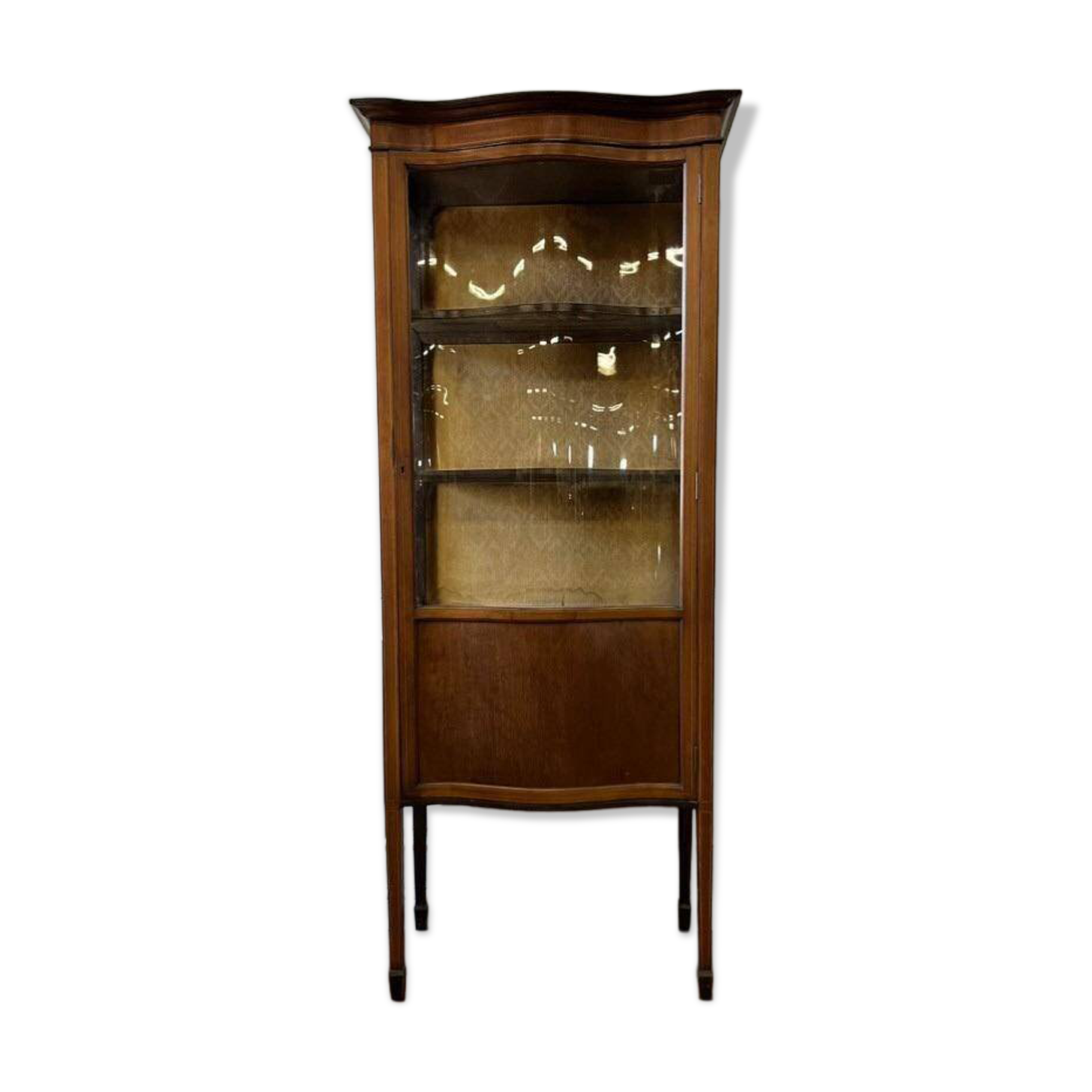 vintage wooden display cabinet with curved glass