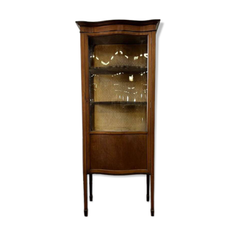 vintage wooden display cabinet with curved glass
