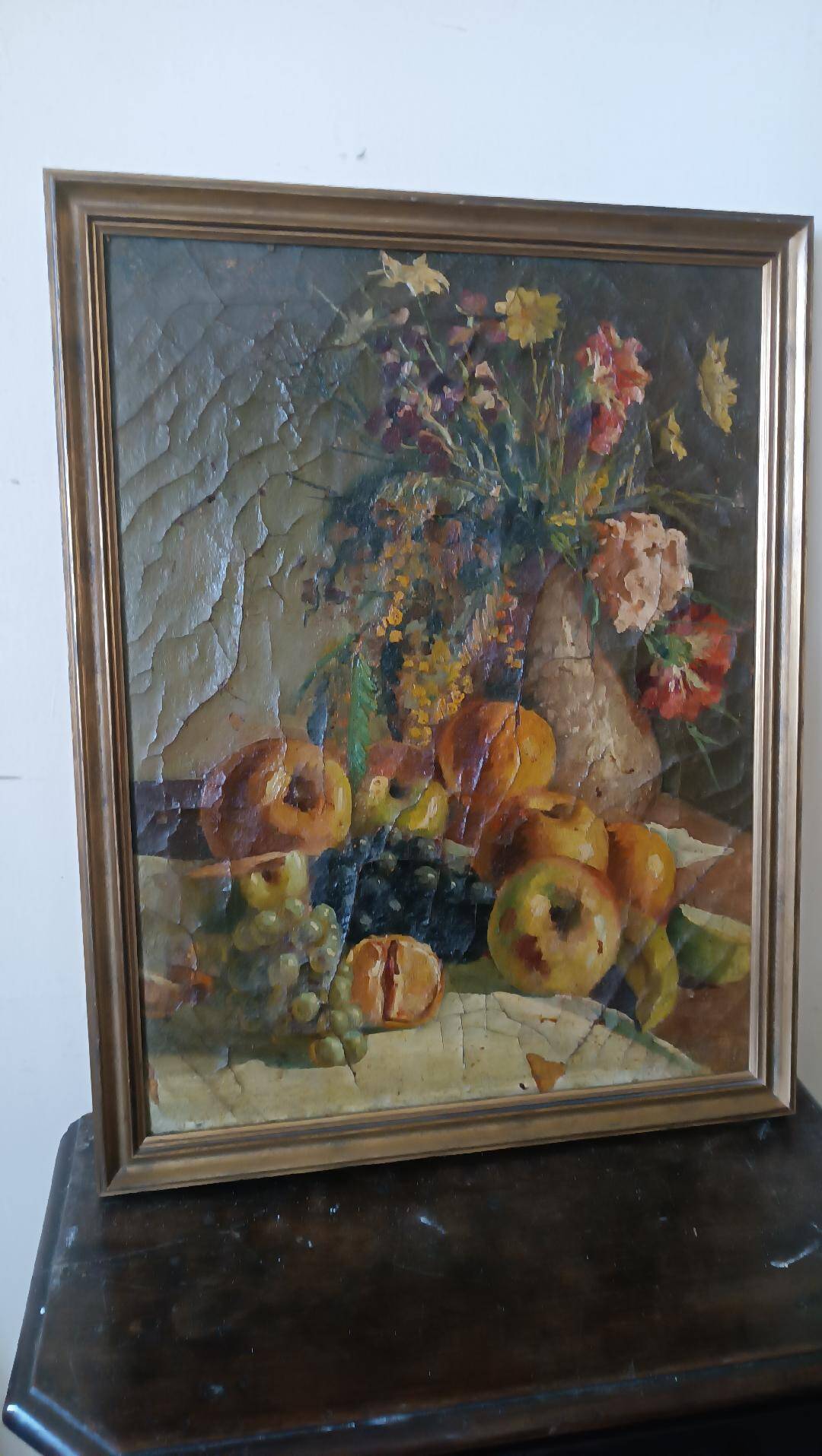 19th century oil painting on canvas depicting a vase of fruit