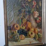19th century oil painting on canvas depicting a vase of fruit